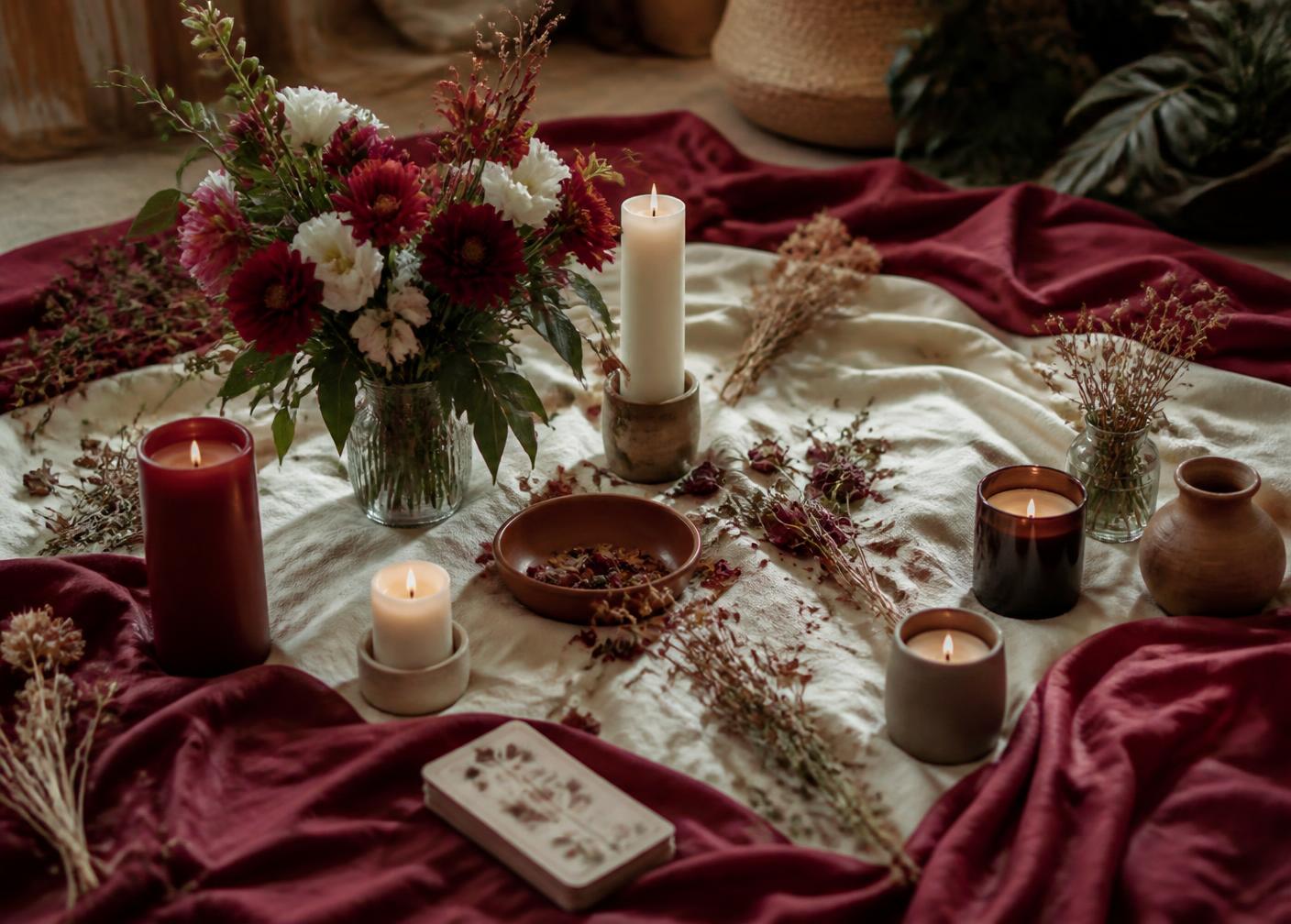 Centro de um Círculo de Mulheres com tecidos, flores, velas e ervas